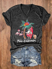 Mele Kalikimaka Hawaii Christmas Print V-Neck T-Shirt