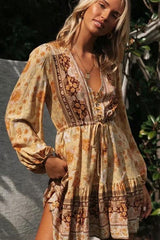 Flowy Bohemian Print Button Front V Neck Midi Dress