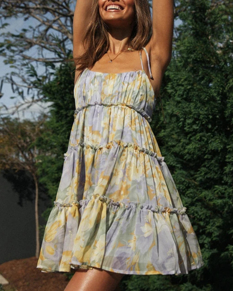Floral Print Shirred Waist Ruffle Hem Self Tie Smock Dress