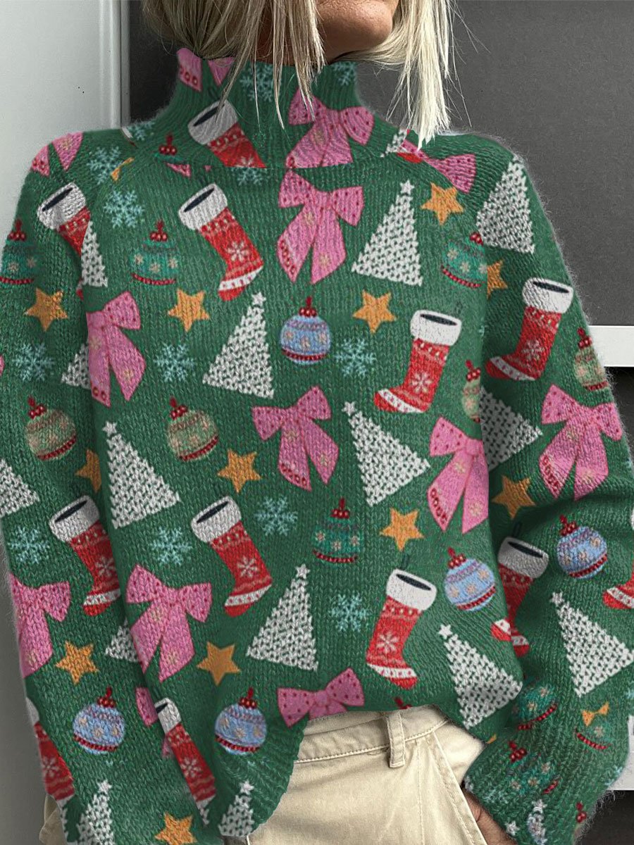 Christmas Gifts Print Knit Turtleneck Pullover Sweater