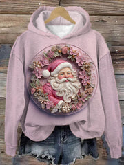 Pink Floral Santa Printed Long Sleeve Hoodie