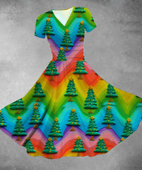 Christmas Colorful Christmas Tree V-Neck Swing Dress