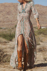 Blue Boho Style Floral Chiffon Maxi Dress