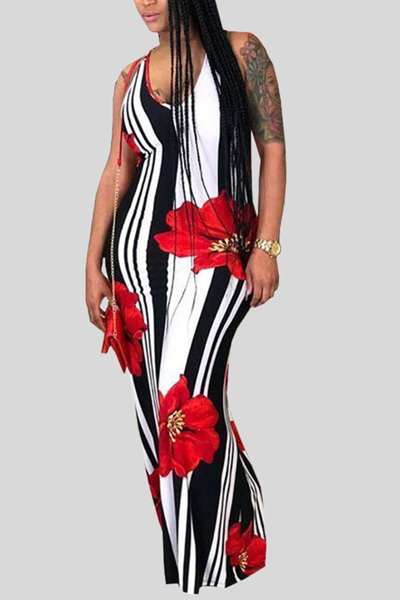Stripe Floral Print Criss Cross Back Maxi Dress