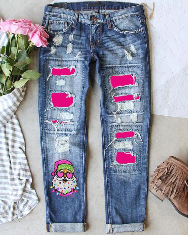 Pink Shiny Santa Claus Casual Ripped Jeans