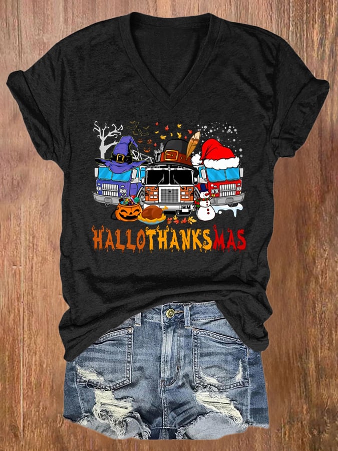 Casual Happy Hallothankmas Print Short Sleeve T-Shirt