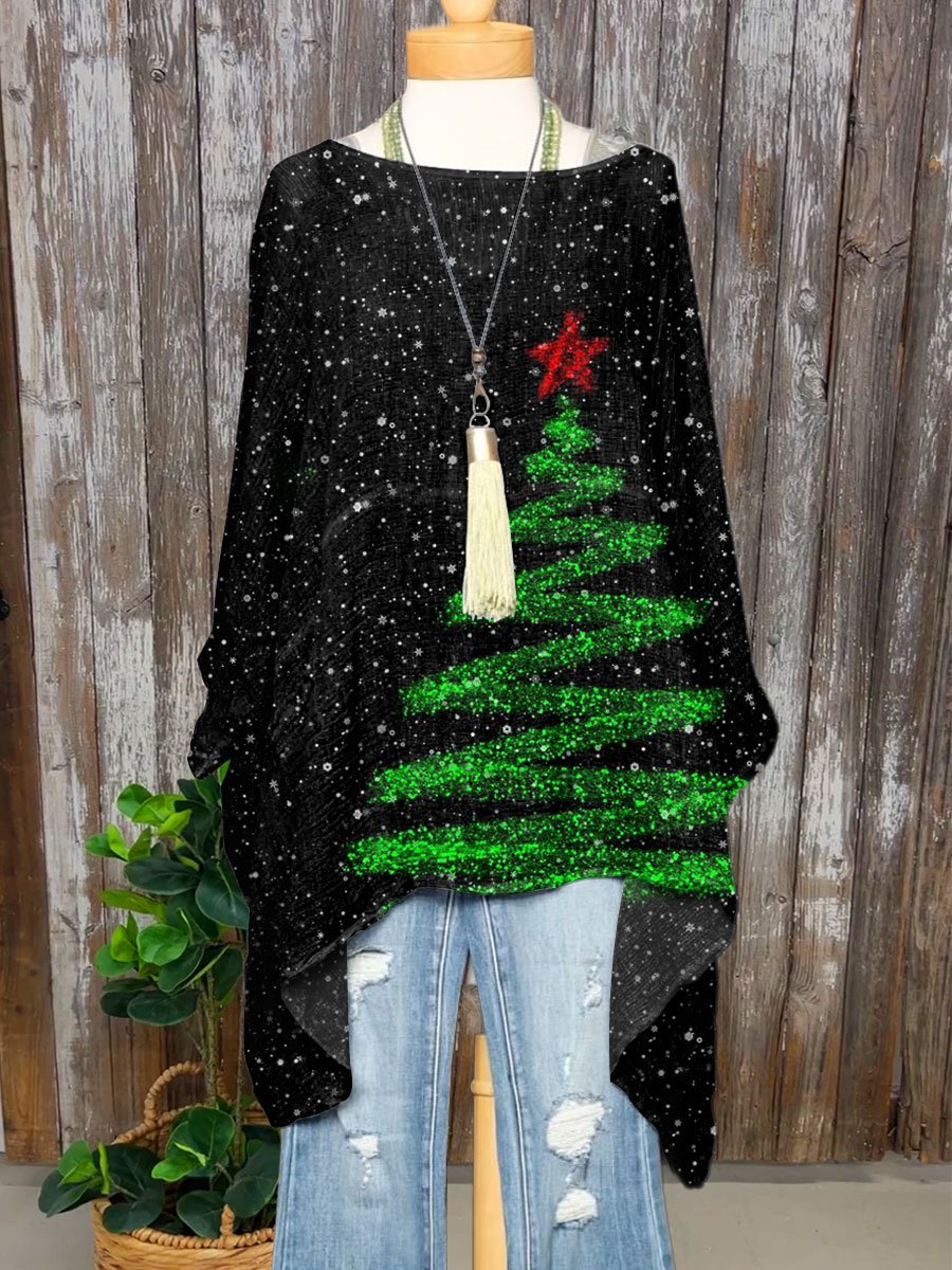 Glitter Christmas Tree Print Pocket Cotton Top