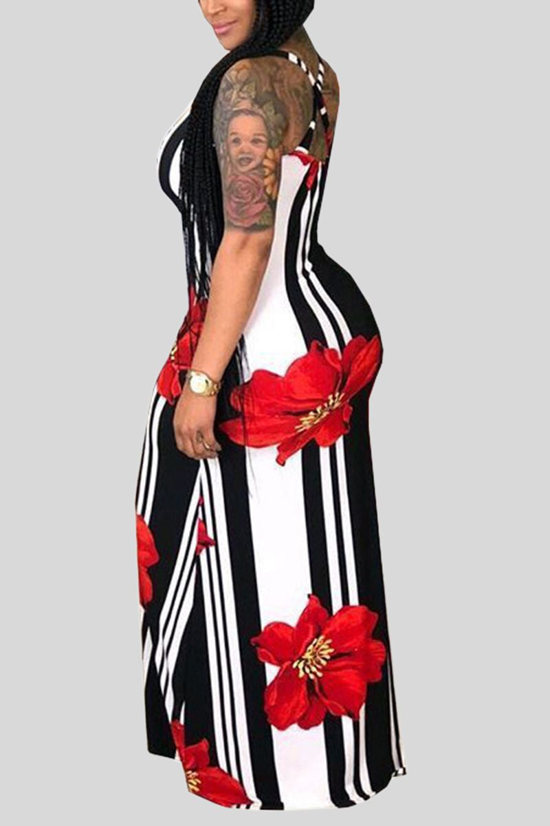 Stripe Floral Print Criss Cross Back Maxi Dress