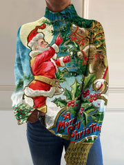 Vintage Christmas Santa Art Print Knit Turtleneck Pullover Sweater