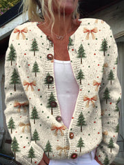 Lovely Christmas Tree Pattern Art Print Buttoned Cardigan Sweater