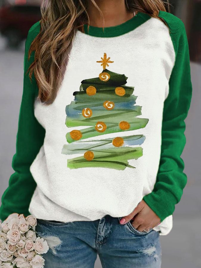 Women'S Casual Abstract Christmas Tree Printed Long Sleeve Sweatshirt