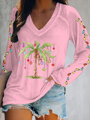 Christmas Palm Tree Print V-Neck T-Shirt