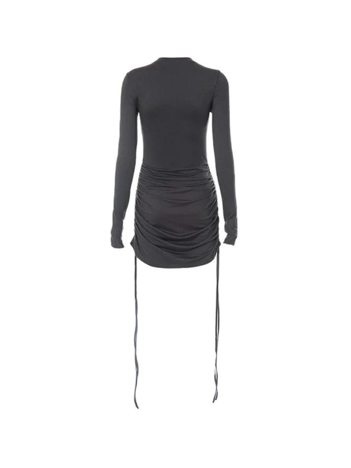 Solid Crew Neck Drawstring Shirred Mini Dress