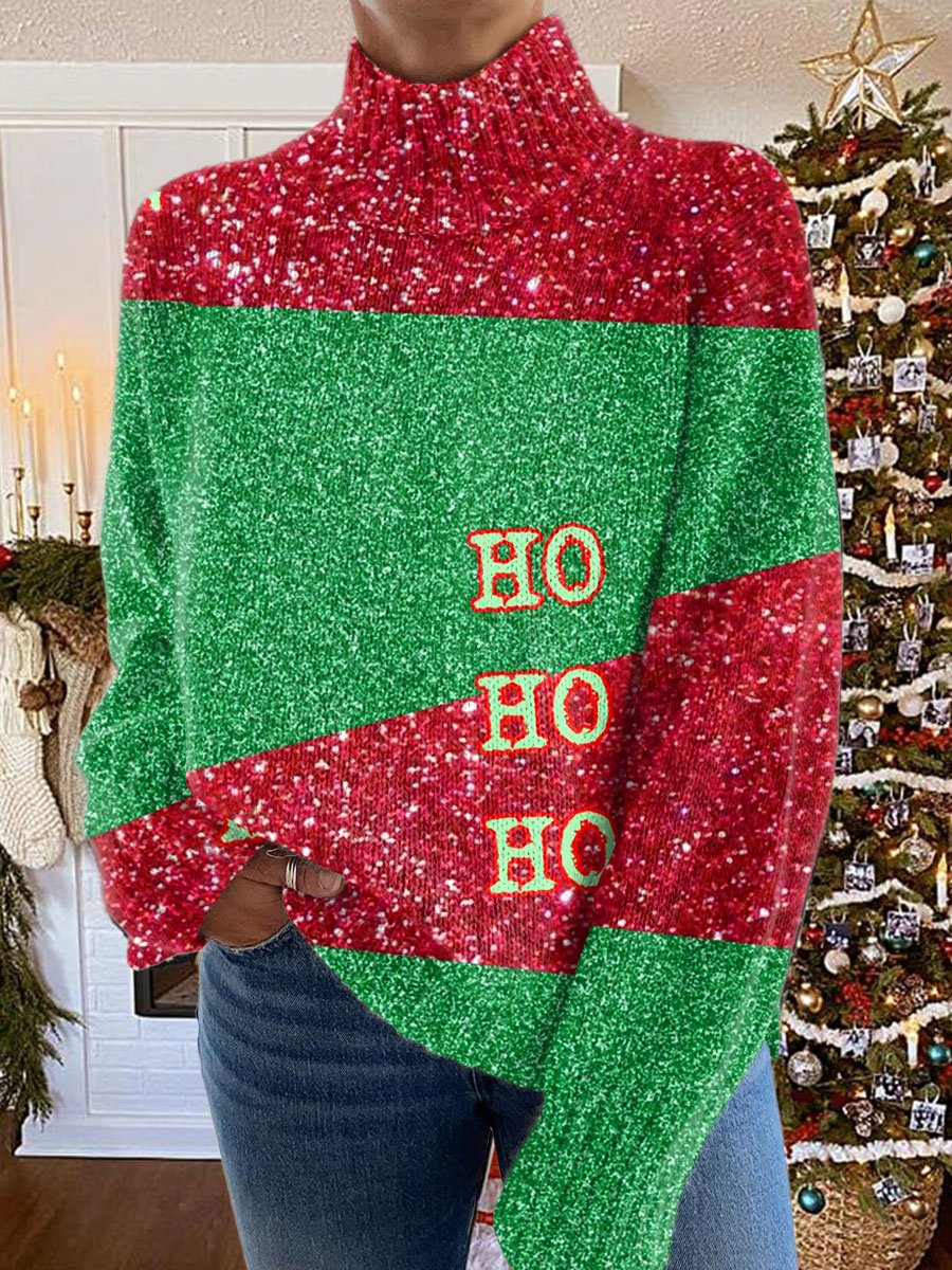 HOHOHO Glitter Christmas Print Knit Turtleneck Pullover Sweater
