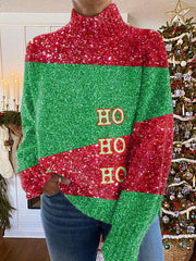 HOHOHO Glitter Christmas Print Knit Turtleneck Pullover Sweater