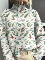 Christmas Holly Art Print Knit Turtleneck Pullover Sweater