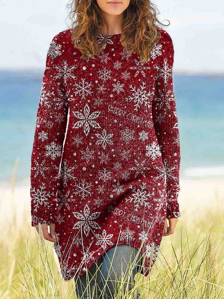 Crew Neck Christmas Graphic Print Casual Knit Sweater Dress