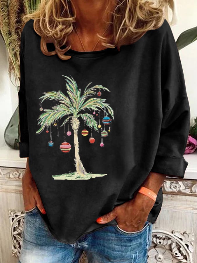 Casual Christmas Coconut Tree Print Top