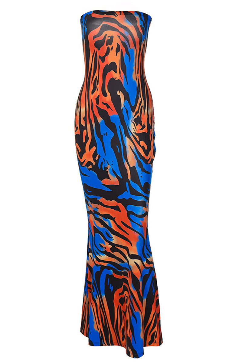 Allover Print Ruffle Hem Maxi Tube Dress