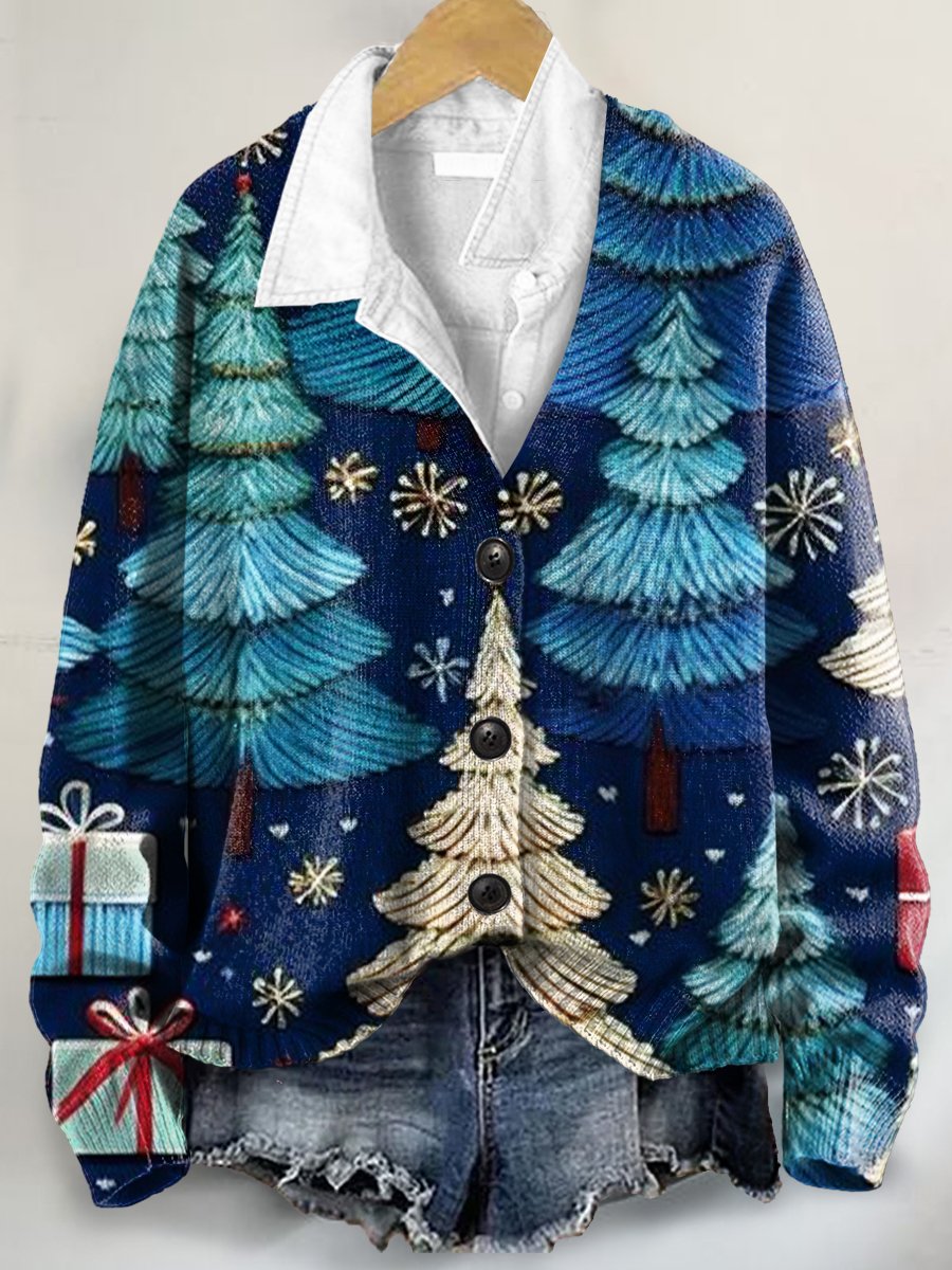 Christmas Tree Art Print Buttoned V-neck Cardigan Sweater
