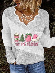 Women's Pink "TIS THE SEASON" Print Lace V-Neck Knit Print Top