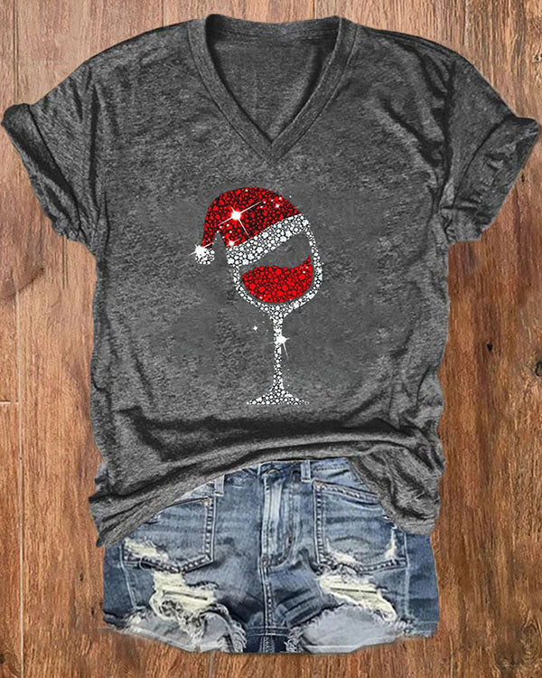 Merry Christmas Wine Glass V-Neck Top