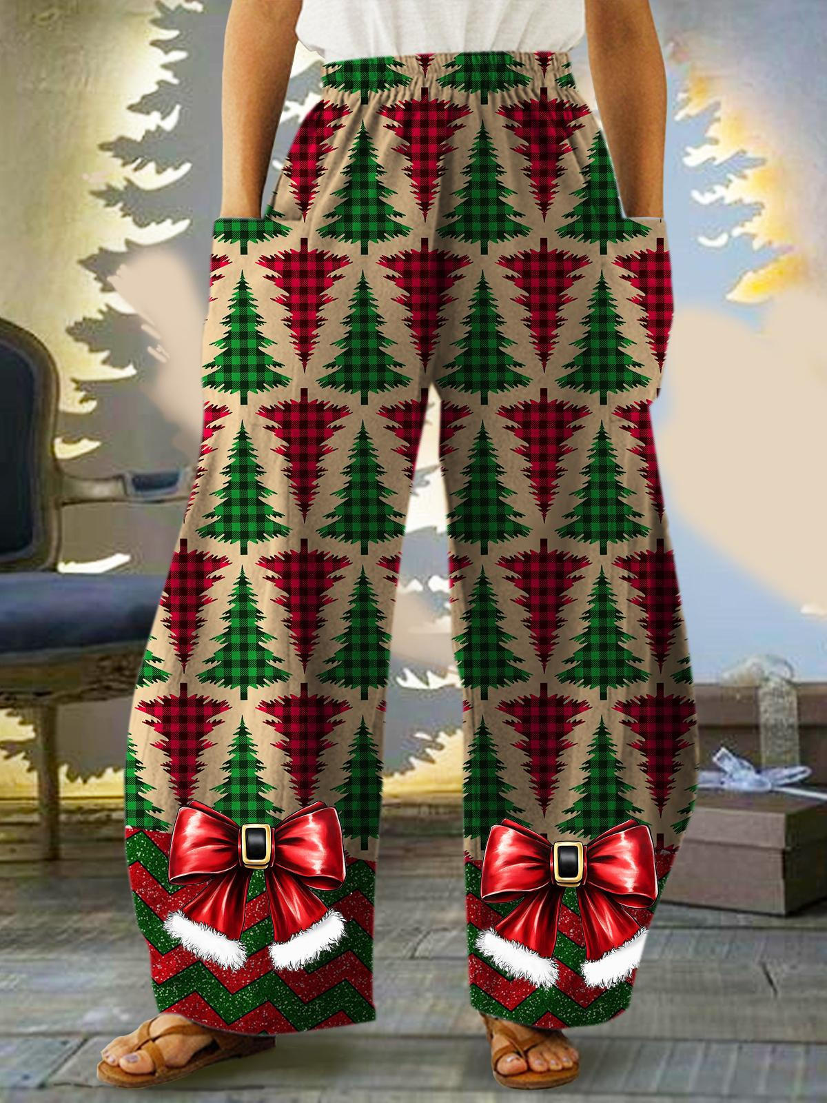 Christmas Tree Bow Print Casual Pants