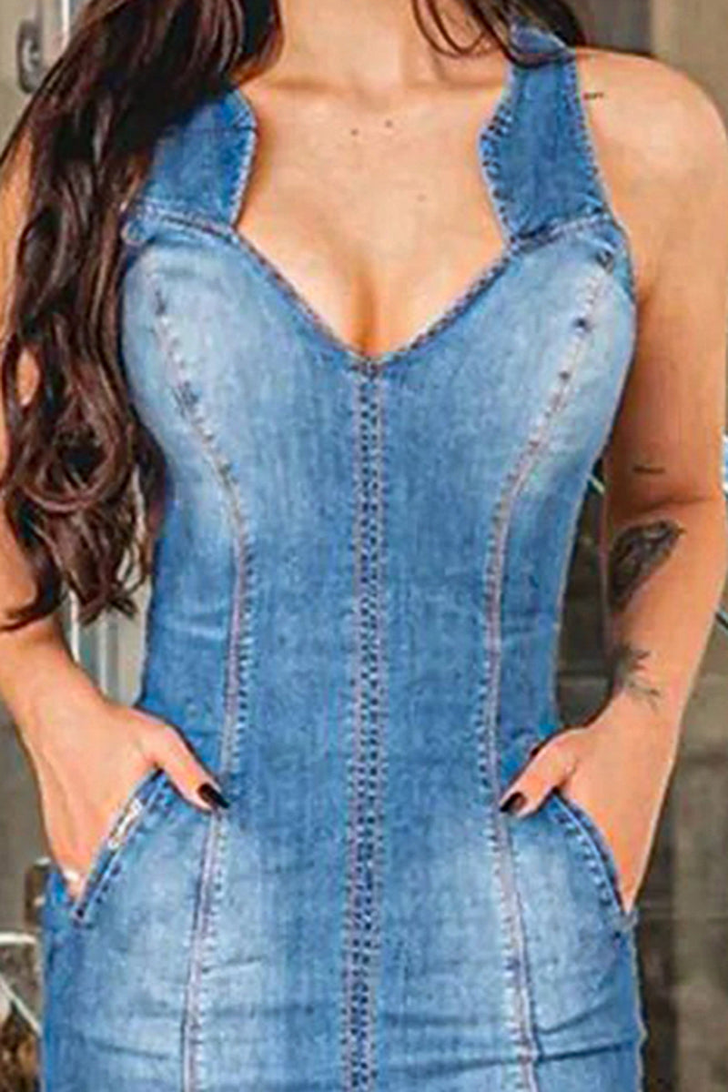 Denim Split Front Topstitching Sleeveless Dress