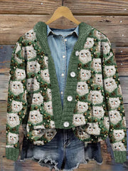 Christmas Tree Cat Print Long Sleeve Knitted Cardigan
