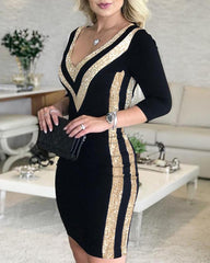 Sequins Colorblock Long Sleeve Dress