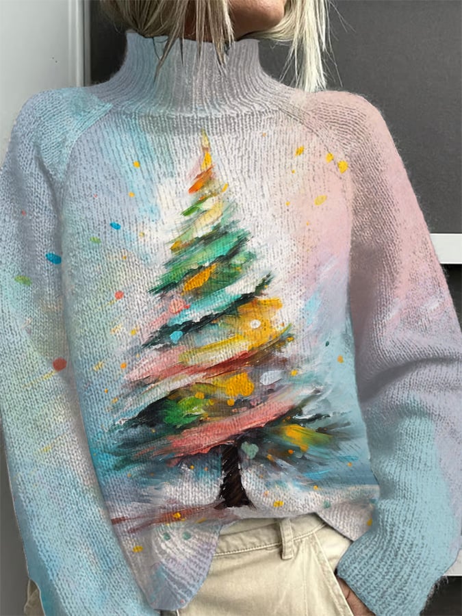 Christmas Tree Print Turtleneck Sweater