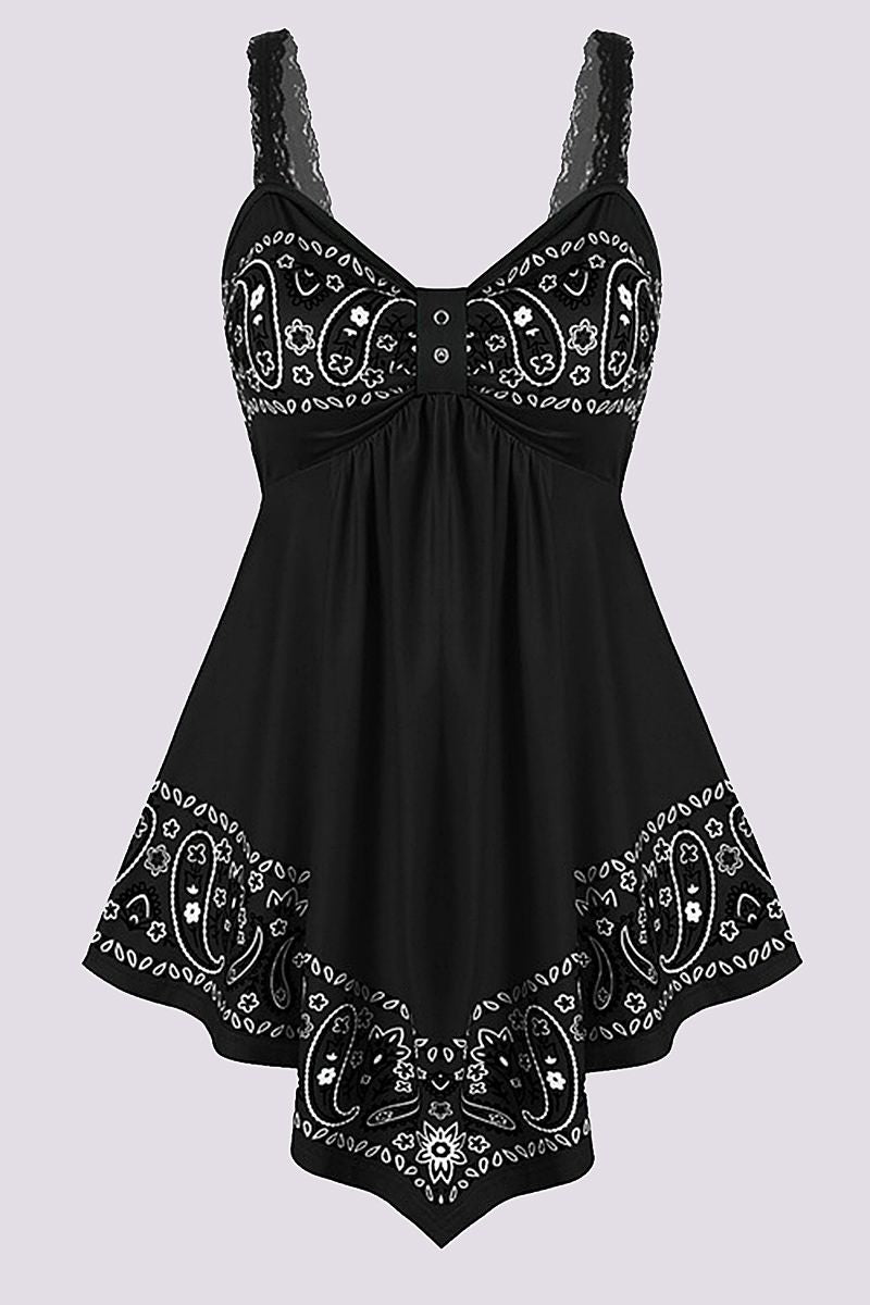 Paisley Print Contrast Lace Hanky Hem Mini Dress