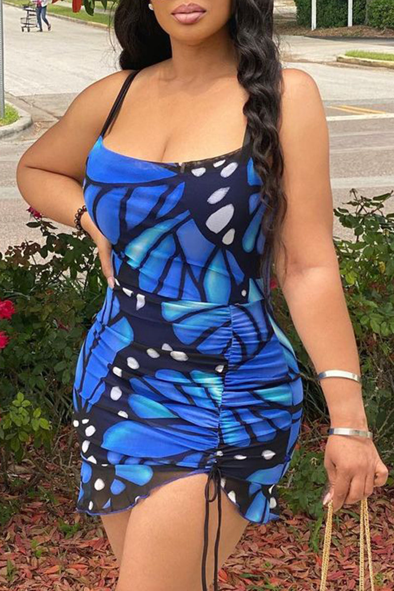 Allover Print Drawstring Ruched Mini Cami Dress