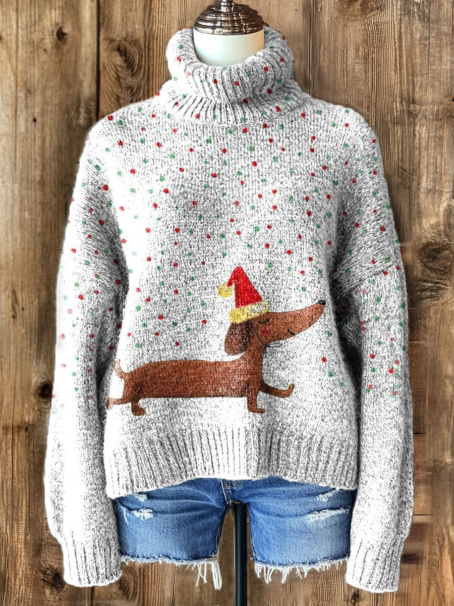 Christmas Dachshund Art Print Knit Turtleneck Pullover Sweater