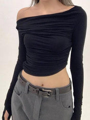 Solid Off Shoulder Asymmetric Design Long Sleeve Tee
