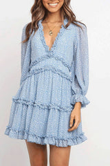 Ruffle Bishop Sleeve Leopard V Neck Beach Chiffon Dress