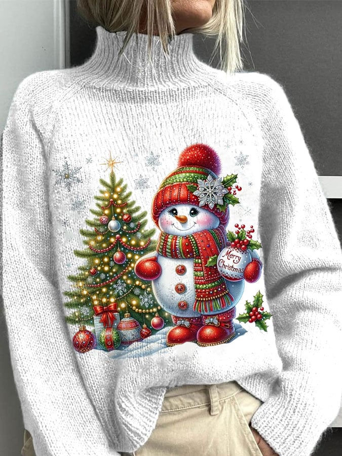 Vintage Christmas Snowman Print Knit Turtleneck Top