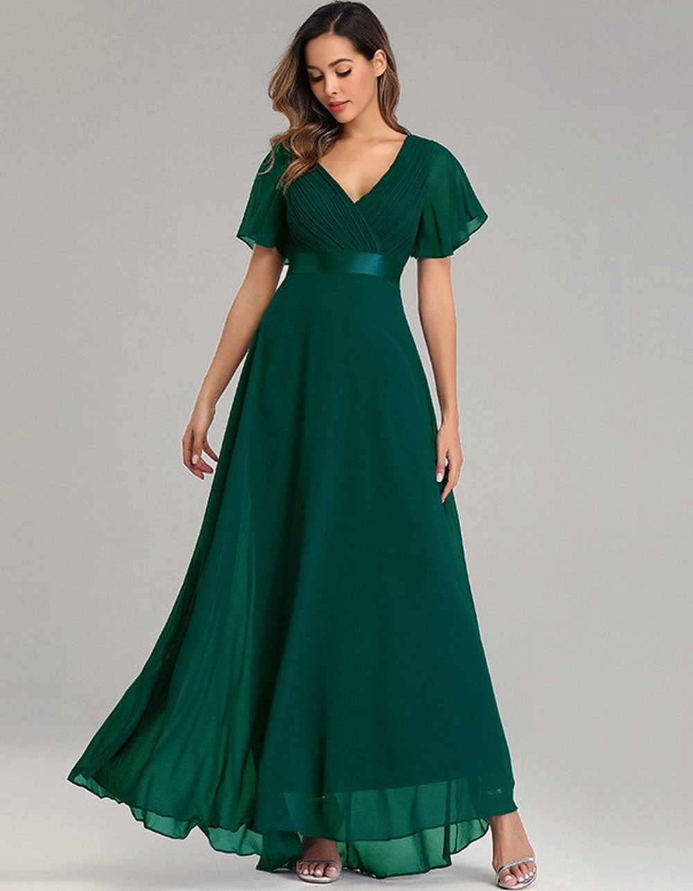 Solid-color V Neck Chiffon Flared Sleeve Bridesmaid Plus Size Evening Dresses