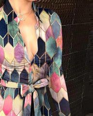 Colorblock Button Design Long Sleeve Shirt Dress