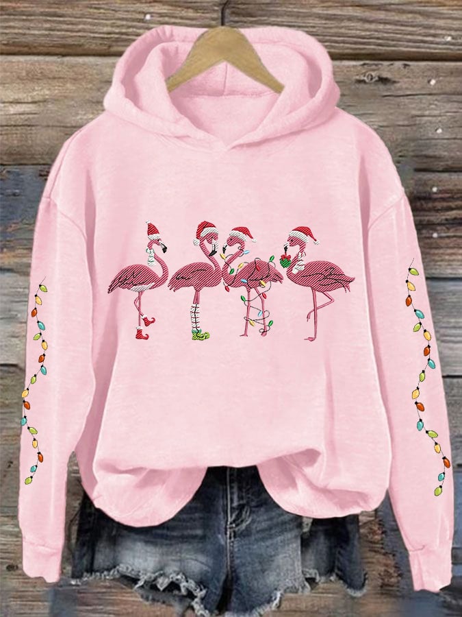 Christmas Colorful Lights Flamingo Holiday Casual Hoodie