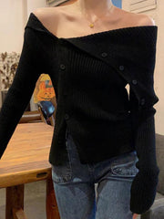 Solid Irregular Lapel Neck Off Shoulder Long Sleeve Knit