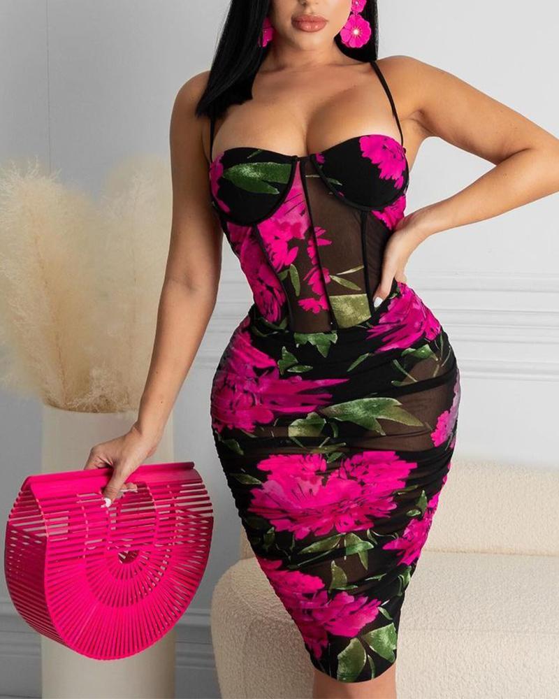 Cami Floral Print Mesh Straight Dress