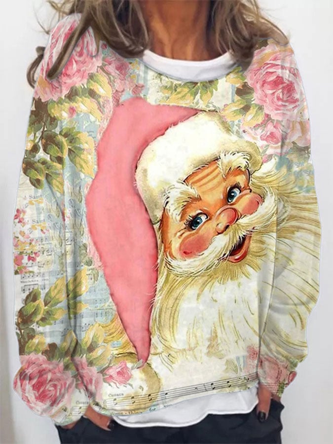 Fashionable  Santa Claus Print Raw Edge Loose Sweatshirt