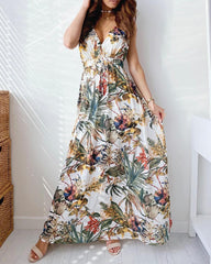 Tropical Print Tied Detail Cutout Back Maxi Dress