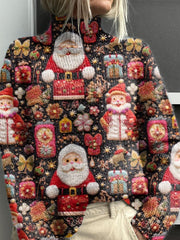 Lovely Christmas Santa Art Print Knit Turtleneck Pullover Sweater