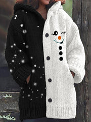 Christmas Snowflake Snowman Contrast Cozy Knit Hooded Cardigan