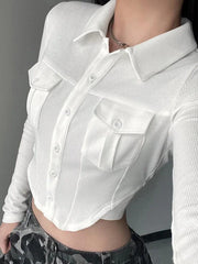 Solid Pocket Curvy Hem Polo Neck Long Sleeve Knit