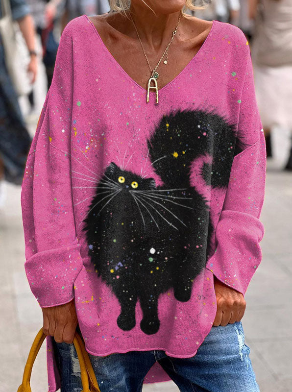 Women's Cute Black Cat Print Long Sleeve Loose V-Neck Top