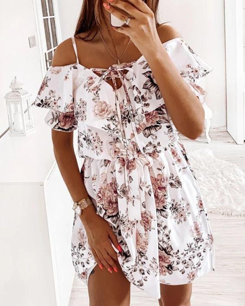 Floral Print Tie Front Ruffle Trim Belted Cold Shoulder Dress
