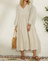 Plain Linen Loose V Neck Puff Sleeve Long A-Line Dresses